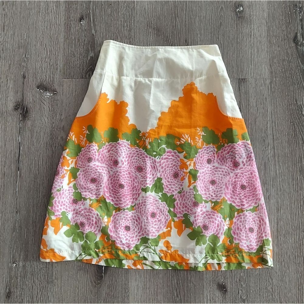 Downeast Basics Knee Length Skirt Pull on Lined Floral Peonies Pockets Sz XS